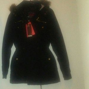 Black sherpa lining parka with faux fur hood